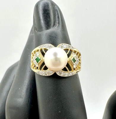 14k Yellow Gold, Pearl, Diamond and Emerald Ring  - Image 1 of 4
