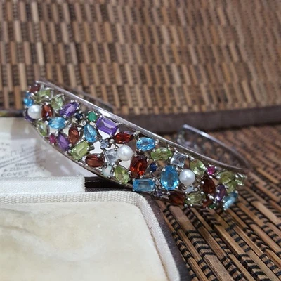 925 Sterling Silver Bracelet, Multi Gemstones Bangle, Garnet,Topaz, Ruby,Pearl - Image 1 of 4