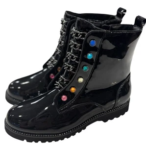 Kurt Geiger Girls Size 4 Boots Mini Bax Shoes Kids Patent Black Jeweled Chain - Picture 1 of 10