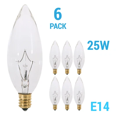 (Paquete de 6) Bombillas Araña Transparente 25W Watt Base Europea E14 Punta Torpedo 120V Foto 1 de 4