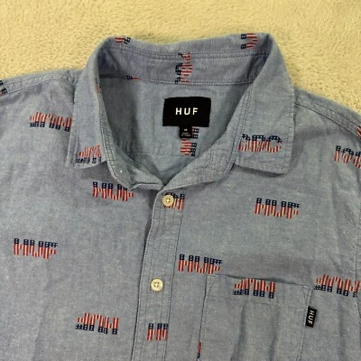 Camisa Huf Hombres Mediana Azul Allover Spellout EE. UU. Bolsillo en el Pecho Único Con Botones Foto 1 de 4