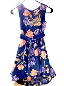 Love, Jayne Sleeveless Girls Dress Navy Floral Belt Necklace High Low Skirt Sz 8 - Picture 1 of 12