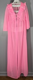 Vintage 60s Bubblegum Pink Long Peignoir Robe Empire Waist Chiffon Lingerie Med