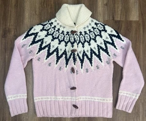 J. Crew Fair Isle Wool Button Down Cardigan Womens Sz L Pink Vintage Y2K - Picture 1 of 9