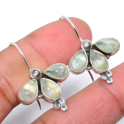 Prehnite Gemstone Silver Plated Bali Earring 1.29" S1930, Christmas Gift - Image 1 of 3