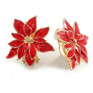 Christmas Red Enamel Poinsettia Holiday Stud Clip On Earrings In Gold Tone - - Picture 1 of 6