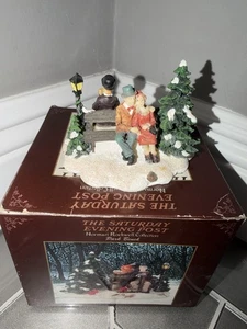 SATURDAY EVENING POST NORMAN ROCKWELL CERAMIC CHRISTMAS FIGURES PARK BENCH - Picture 1 of 6