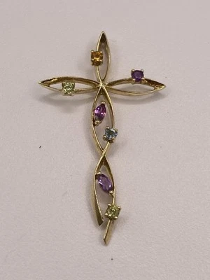 14K Yellow Gold Large Cross Pendant Gemstone Charm Religious Easter Am Garnet - Image 1 of 4