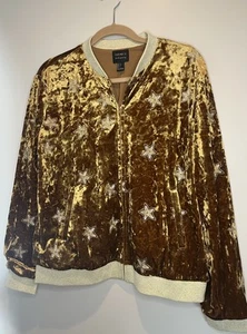 Forever 21 Bomberjacke Gold Samt mit bestickten Sternen Rock Glam Gr. L - Bild 1 von 10