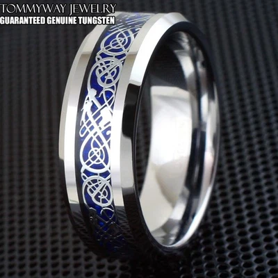 Anillo de Carburo de Tungsteno para Hombre Azul Dragón Celta Alianza de Boda Año del Dragón Foto 1 de 4