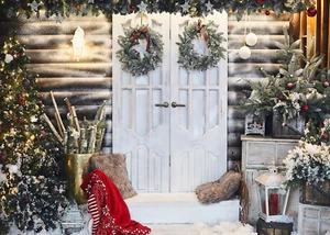 Rustic Wood Cottage Backdrop Christmas Tree Wreath Photo Background Studio Props - Picture 1 of 9