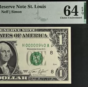 1974 $1 FRN St Louis PMG 64EPQ birthday low serial number birthday 00000940 - Picture 1 of 3