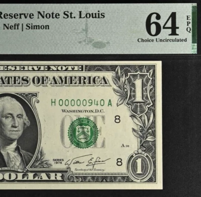 1974 $1 FRN St Louis PMG 64EPQ birthday low serial number birthday 00000940 - Image 1 of 3