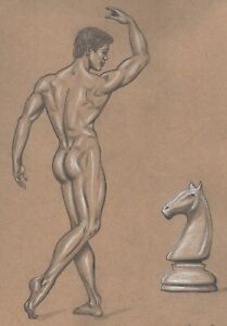 Nude male figure drawing pencil artist Jerome Cadd "Dance Knight" White chalk