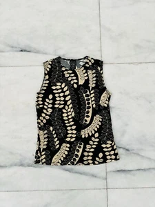 Vintage Suzie In The City Tank Blouse Black Beige Leaf Print Sleeveless Small - Picture 1 of 7
