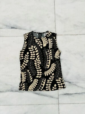 Vintage Suzie In The City Tank Blouse Black Beige Leaf Print Sleeveless Small - Image 1 of 4