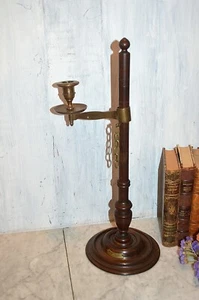 Antique HMS Britannia English Brass & Turned Wood Adjustable Candle Holder - Picture 1 of 11