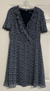 Lauren Ralph Lauren Dress Womens 8 Navy Floral Ruffle Flutter Sleeve Flare - Picture 1 of 14