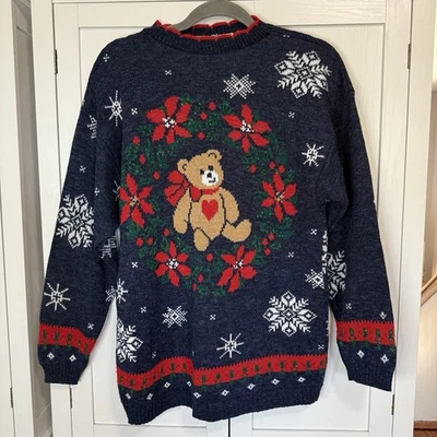 Vintage Nutcracker Teddy Bear Christmas Sweater Small Blue Red Snowflake USA - Image 1 of 4