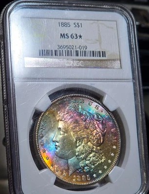 1885 Morgan Silver Dollar NGC MS 63 STAR Textile Rainbow Neon Monster Toned Coin - Image 1 of 4
