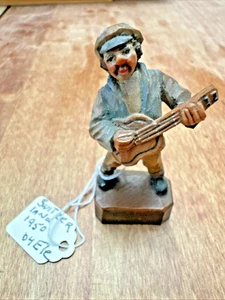 Italian Folk Art Figurine Guitar Player Wood Carving Vintage 1950 Switzerland - Picture 1 of 15