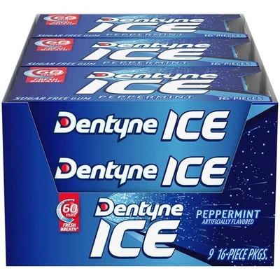 Dentyne Ice Peppermint Sugar Free Chewing Gum 9 Packs of 16 Pieces (144 Total)