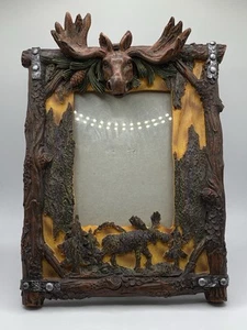 Rustic Bark Resin Moose Head Antler Picture Frame 4x6 - Picture 1 of 6