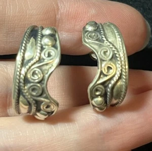 smooth textured Ornate Swirl hoop 925 sterling silver stud Post earrings Mexico - Picture 1 of 11