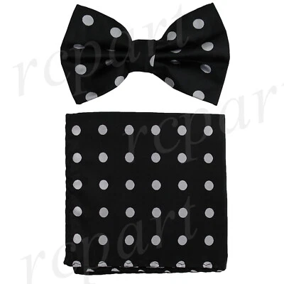 Nuevo conjunto formal de pajarita y pañuelo preatado para hombre negro blanco lunares boda Foto 1 de 4