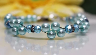 Glass Jewels Silber Armband Perlen Blau Boho Strand Zweireihig Länge 20 cm#GA044 - Bild 1 von 3