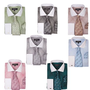 Herren Mini kariert/kariert modisches Kleid Shirt mit Krawatte & Taschentuch französische Manschette AH-624 - Bild 1 von 12