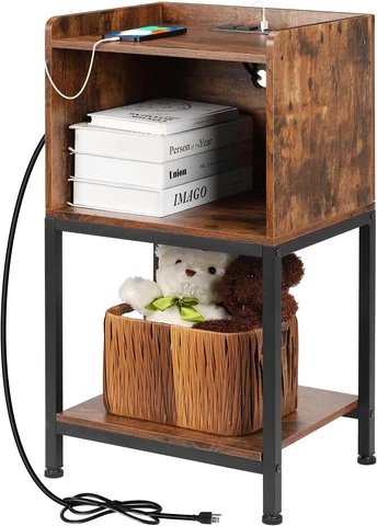 3 Tier Narrow End Table with Charging Station Bedroom Nightstand Storage Shelf Cover