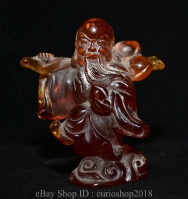 4.4" Old Chinese Red Amber Carved God of longevity “寿星” Statue Sculpture - Image 1 of 4