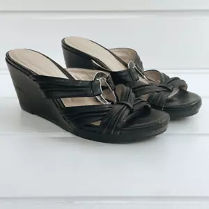Andrew Geller Frayley Women's Black Leather Strappy Wedge Sandals Size 6.5 - Picture 1 of 7