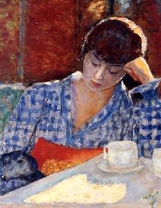 Postcard: Vintage repro- French Woman Reading at Cafe w Dog, Coffee, Bonnard - Picture 1 of 3