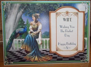 HANDMADE ART DECO PERSONALISED WIFE BIRTHDAY CARD PROUD PEACOCK LADY 2024 DESIGN - Picture 1 of 5
