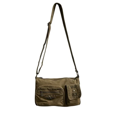 Vintage Y2K Harley Davidson Crossbody Bag Green Canvas Studded Military Grunge - Image 1 of 4