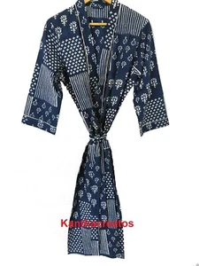 Blue Indigo Cotton Kimono Robe Summer Nightwear Gown Handmade Bridesmaid Robe - Picture 1 of 4