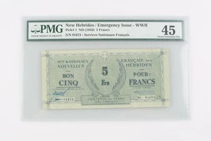 1943 New Hebrides 5 Francs CXF-45 Emergency Issue WWII Choice Extremely Fine P#1 - Picture 1 of 4