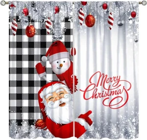 Fun Santa Claus Snowman Curtains Christmas Merry Red Black Buffalo Plaid Winter - Picture 1 of 8