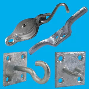 Washing Line Parts Galvanised Cleat, Plate Hook, Wheel Hooked Pulley, Staple Eye - Picture 1 of 28