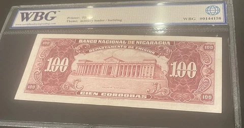 NICARAGUA 100 CORDOBAS p104b 1959 WBG 40 EXTREMELY FINE Cover