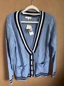 Ultra Flirt Cable Knit Cardigan Sweater Blue Small & Black - Picture 1 of 7