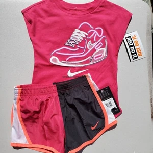 Nike Girls Summer Spring Dri-fit Shorts & T-Shirt Pink Black Size 4 - 5 - 6 - 6X - Picture 1 of 1