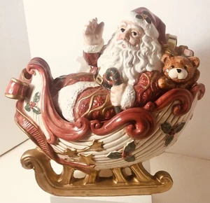 "Tarro de galletas de caramelo de cerámica de 9"" Fitz and Floyd Kris Kringle Santa Sleigh 1993 de colección" - Imagen 1 de 10