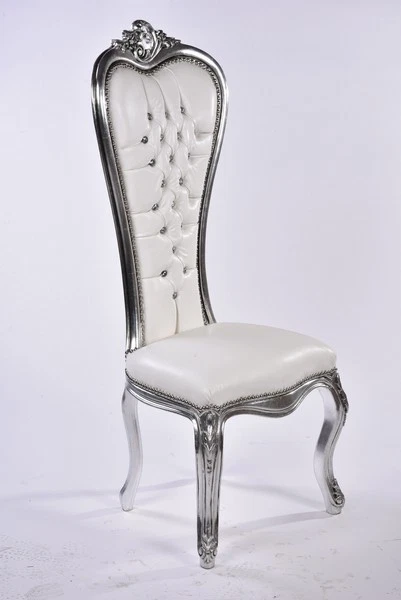 POLTRONA BAROCCO TRONO FOGLIA ARGENTO ECO PELLE BIANCA CON STRASS STILE LUIGI - Immagine 1 di 1