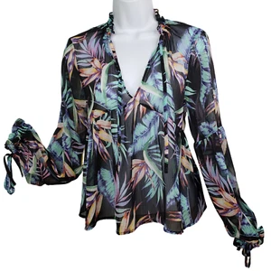 Divided H & M Tropical Sheer Blouse Size 2 Empire Waist Top Balloon Sleeve Shirt - Picture 1 of 10