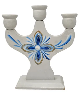 Swedish Wood Candle Holder Candelabra Scandinavian Folk Art White Blue Floral - Picture 1 of 13