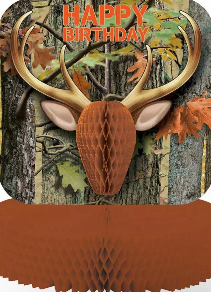 HAPPY BIRTHDAY HUNTING HONEYCOMB CENTERPIECE DEER CAMOUFLAGE CAMO PARTY DECOR - Image 1 of 2