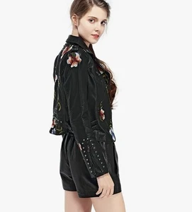 Womens Floral Embroidered Faux Leather Moto Jacket Large Black Zipper Boho Biker - Picture 1 of 3